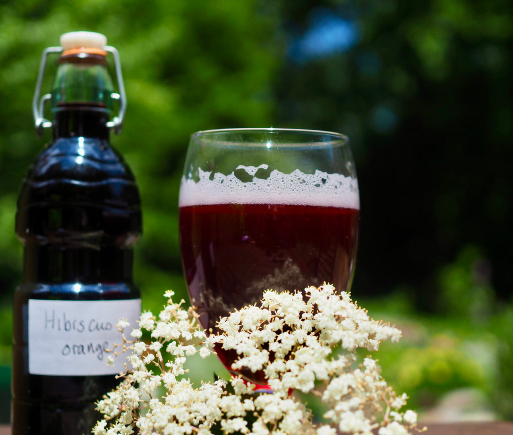 A wine glass of Hibiscus Sparkling water sitting next to a bottle of hibiscus syrup with elderflower in front