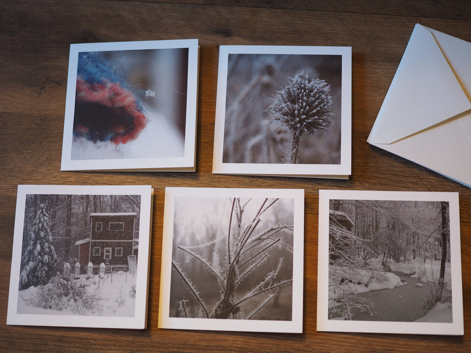 Five note cards with photos of snowy winter scenes
